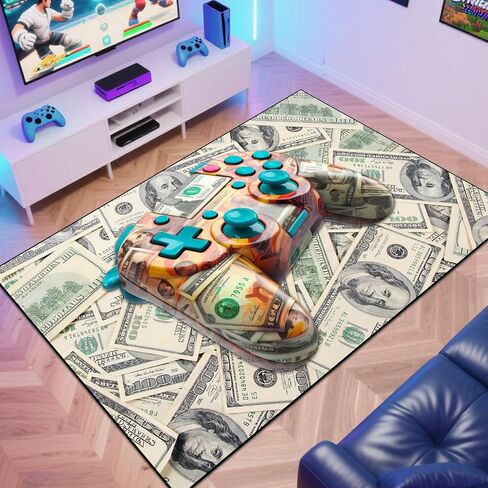 Gaming Area Rug Teen Boys Carpet, 100 Dollar Gamepad and Paper Currency Money Background Game Controller Design for Game Room, Boys Girls Bedroom Playroom, Living Room (79" x 59") in Saudi Arabia