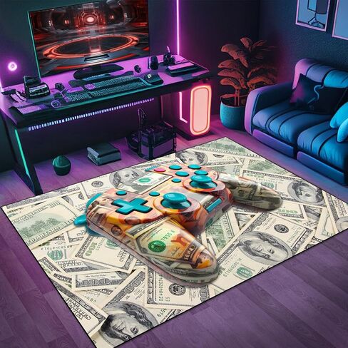 Gaming Area Rug Teen Boys Carpet, 100 Dollar Gamepad and Paper Currency Money Background Game Controller Design for Game Room, Boys Girls Bedroom Playroom, Living Room (79" x 59") in Saudi Arabia