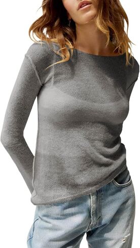 Imily Bela Womens Boat Neck Shirts Long Sleeve Lightweight Knit Pullover Sweaters Casual Sheer Blouse Tops in Saudi Arabia