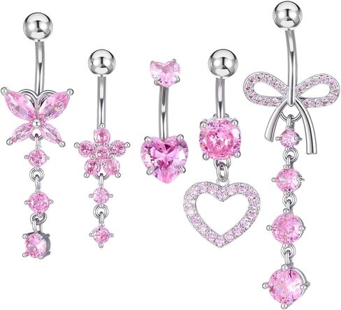 Belly Button Ring Dangle Stainless Steel 14G Belly Rings bellies Button Piercing Cute Pink CZ Heart Butterfly Bow Flower Dangling bellies Rings Silver Navel Ring Piercing Jewelry in Kuwait
