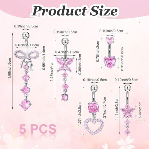 Belly Button Ring Dangle Stainless Steel 14G Belly Rings bellies Button Piercing Cute Pink CZ Heart Butterfly Bow Flower Dangling bellies Rings Silver Navel Ring Piercing Jewelry in Kuwait