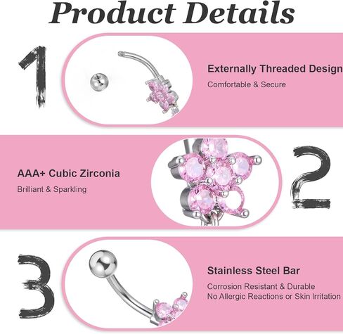 Belly Button Ring Dangle Stainless Steel 14G Belly Rings bellies Button Piercing Cute Pink CZ Heart Butterfly Bow Flower Dangling bellies Rings Silver Navel Ring Piercing Jewelry in Kuwait