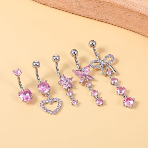 Belly Button Ring Dangle Stainless Steel 14G Belly Rings bellies Button Piercing Cute Pink CZ Heart Butterfly Bow Flower Dangling bellies Rings Silver Navel Ring Piercing Jewelry in Kuwait