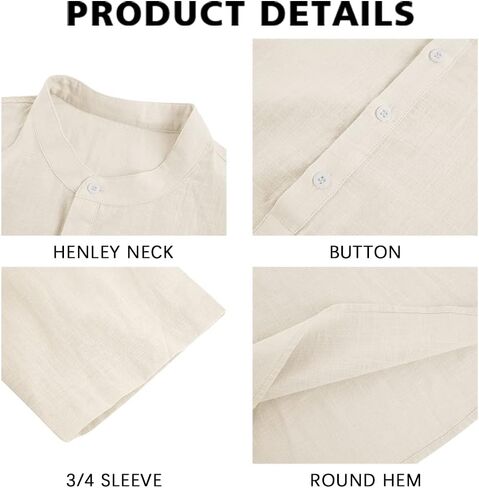 Mens Henley Linen Shirts 3/4 Sleeve Casual Cotton T-Shirt Regular-Fit Lightweight Beach Yoga Tunic Tops in Saudi Arabia