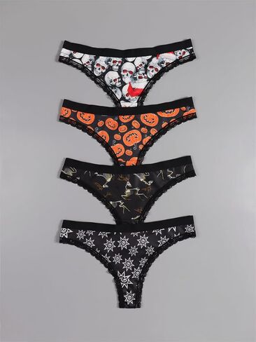 Women Halloween Thong Panties Set, 4-Pack, Lace Trim, Skulls Pumpkins Stars Skeleton Print, Black in Saudi Arabia