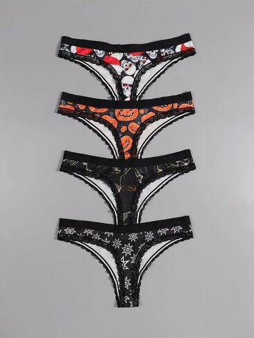 Women Halloween Thong Panties Set, 4-Pack, Lace Trim, Skulls Pumpkins Stars Skeleton Print, Black in Saudi Arabia