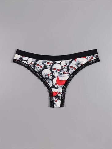 Women Halloween Thong Panties Set, 4-Pack, Lace Trim, Skulls Pumpkins Stars Skeleton Print, Black in Saudi Arabia