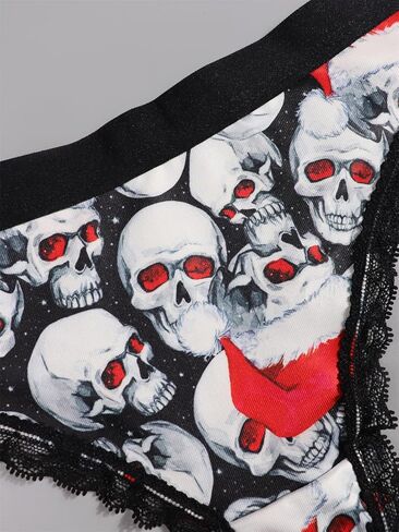 Women Halloween Thong Panties Set, 4-Pack, Lace Trim, Skulls Pumpkins Stars Skeleton Print, Black in Saudi Arabia