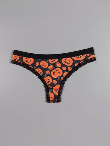 Women Halloween Thong Panties Set, 4-Pack, Lace Trim, Skulls Pumpkins Stars Skeleton Print, Black in Saudi Arabia