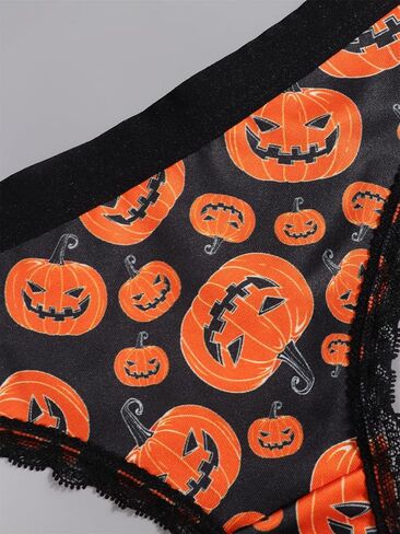 Women Halloween Thong Panties Set, 4-Pack, Lace Trim, Skulls Pumpkins Stars Skeleton Print, Black in Saudi Arabia
