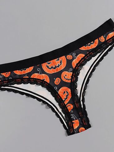 Women Halloween Thong Panties Set, 4-Pack, Lace Trim, Skulls Pumpkins Stars Skeleton Print, Black in Saudi Arabia