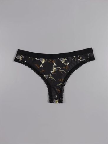 Women Halloween Thong Panties Set, 4-Pack, Lace Trim, Skulls Pumpkins Stars Skeleton Print, Black in Saudi Arabia