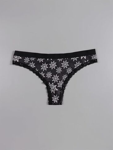 Women Halloween Thong Panties Set, 4-Pack, Lace Trim, Skulls Pumpkins Stars Skeleton Print, Black in Saudi Arabia