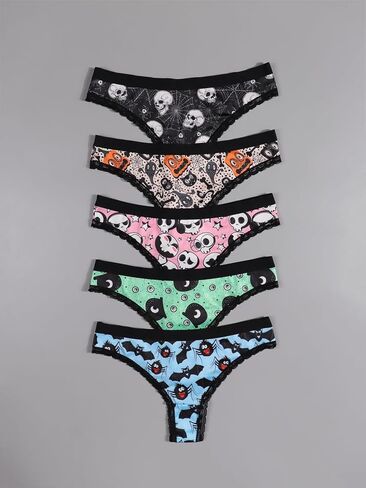 Women Halloween Gothic Thong Panties Set, 5 Pack, Lace Trim, Mixed Spooky Prints in Saudi Arabia
