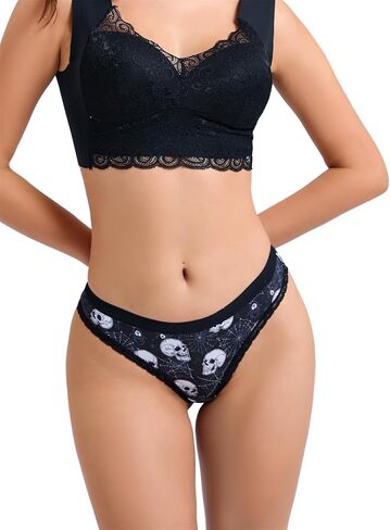 Women Halloween Gothic Thong Panties Set, 5 Pack, Lace Trim, Mixed Spooky Prints in Saudi Arabia