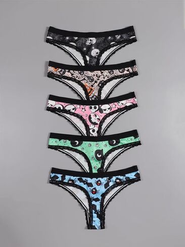 Women Halloween Gothic Thong Panties Set, 5 Pack, Lace Trim, Mixed Spooky Prints in Saudi Arabia