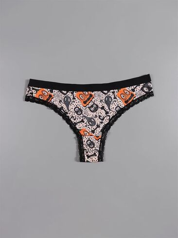 Women Halloween Gothic Thong Panties Set, 5 Pack, Lace Trim, Mixed Spooky Prints in Saudi Arabia