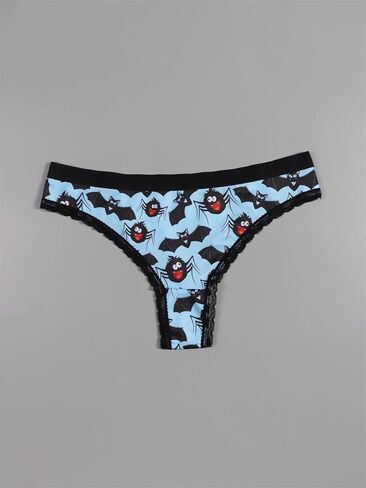 Women Halloween Gothic Thong Panties Set, 5 Pack, Lace Trim, Mixed Spooky Prints in Saudi Arabia