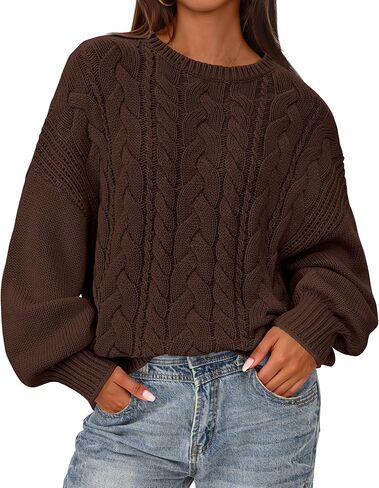 BTFBM Fall Sweaters for Women 2025 Cable Knit Sweater Crew Neck Long Lantern Sleeve Loose Chunky Pullover Casual Tops in Saudi Arabia