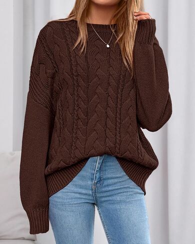 BTFBM Fall Sweaters for Women 2025 Cable Knit Sweater Crew Neck Long Lantern Sleeve Loose Chunky Pullover Casual Tops in Saudi Arabia