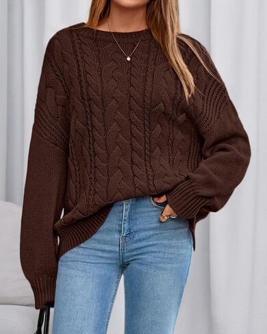 BTFBM Fall Sweaters for Women 2025 Cable Knit Sweater Crew Neck Long Lantern Sleeve Loose Chunky Pullover Casual Tops in Saudi Arabia