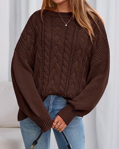 BTFBM Fall Sweaters for Women 2025 Cable Knit Sweater Crew Neck Long Lantern Sleeve Loose Chunky Pullover Casual Tops in Saudi Arabia