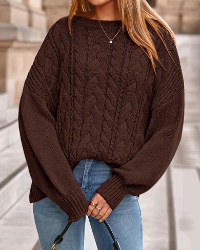 BTFBM Fall Sweaters for Women 2025 Cable Knit Sweater Crew Neck Long Lantern Sleeve Loose Chunky Pullover Casual Tops in Saudi Arabia
