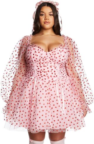 Dolls Kill Plus Heavenly Affair Babydoll Dress by Sugar Thrillz – Romantic Tulle Dress with Metallic Hearts and Corset Lacing in Saudi Arabia