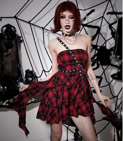 Womens Gothic Plaid Mini Dress Vintage Goth Cami Dress Y2K Punk Grunge Emo Dress in Kuwait