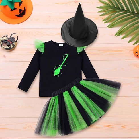 IBTOM CASTLE Toddler Baby Girl Witch Outfit Long Sleeve Top Tulle Tutu Skirt with Witch Hat Set First Halloween Fancy Dress in Saudi Arabia
