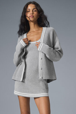 Alo Yoga Tennis Club Sweater Knit Cardigan - Athletic Heather Grey/White in Kuwait