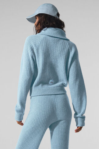 بلوفر Alo Yoga Cashmere Plush Waffle 1/4 بسحاب - أزرق سماوي منقط in Kuwait