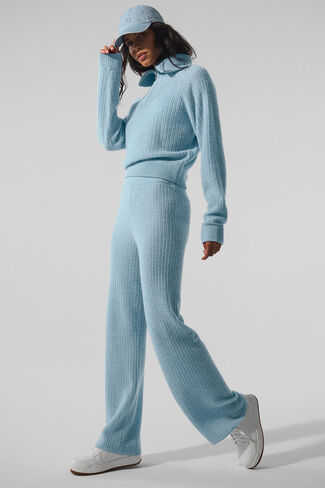 بلوفر Alo Yoga Cashmere Plush Waffle 1/4 بسحاب - أزرق سماوي منقط in Kuwait