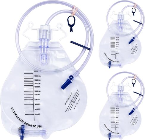 Catheter Bags, 2000ml Urinary Drainage Bag, Professional Urine Bags with Enhanced Anti-Reflux Chamber, 48" Thickened Drainage Tube, Adjustable Clips & Hanging Hook, 3 Pack in Kuwait