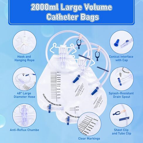 Catheter Bags, 2000ml Urinary Drainage Bag, Professional Urine Bags with Enhanced Anti-Reflux Chamber, 48" Thickened Drainage Tube, Adjustable Clips & Hanging Hook, 3 Pack in Kuwait