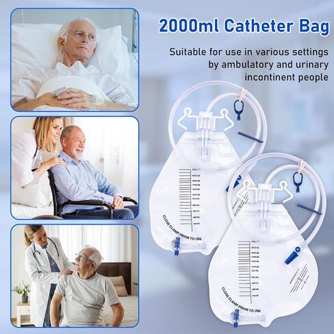 Catheter Bags, 2000ml Urinary Drainage Bag, Professional Urine Bags with Enhanced Anti-Reflux Chamber, 48" Thickened Drainage Tube, Adjustable Clips & Hanging Hook, 3 Pack in Kuwait