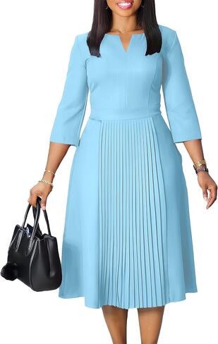 Elegant Church Dresses for Women 2025 3/4 Sleeve Vintage Ruffle A-line Pleated Dress V Neck Business Casual Work Outfits in Saudi Arabia