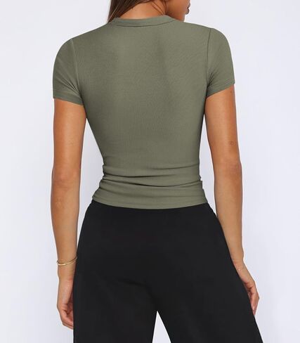 المرأة طاقم الرقبة مضلع المقشود كم قصير المجهزة تي شيرت عادية الأساسية ضيق تيز بسط القمم للنساء in Kuwait