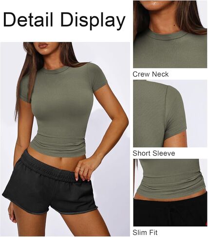 المرأة طاقم الرقبة مضلع المقشود كم قصير المجهزة تي شيرت عادية الأساسية ضيق تيز بسط القمم للنساء in Kuwait