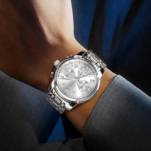 ساعات رجالية من الفولاذ المقاوم للصدأ، وجه كلاسيكي كبير، ساعة كرونوغراف سهلة القراءة للرجال، ساعات كوارتز تناظرية مقاومة للماء، أرقام رومانية، ساعة معصم رجالية مع تاريخ مضيء، Reloj Para Hombre in Kuwait