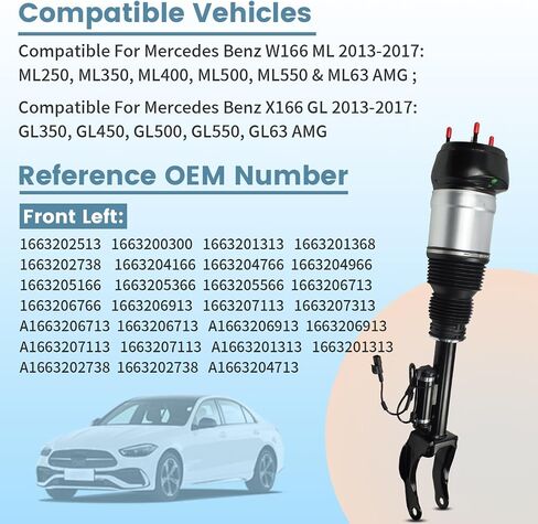 دعامات تعليق هوائي أمامي يسار مع إعلانات لعام 2012-2017 مرسيدس بنز X166 GL350 GL450 GL500 GL63 AMG، ممتص الصدمات الهوائية لمرسيدس بنز W166 Airmatic 166320496680 1663202513 1663204866 in Kuwait