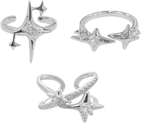 Y2k CZ Star Adjustable Open Stacking Rings for Women Men Vintage Punk Grunge Sparkling Crystal Cross Irregular Statement Stackable Finger Band Knuckle Rings Comfort Fit Fashion Jewelry 3Pcs Set in Saudi Arabia