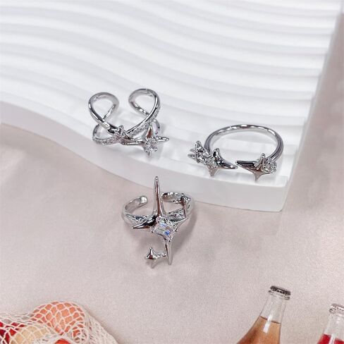 Y2k CZ Star Adjustable Open Stacking Rings for Women Men Vintage Punk Grunge Sparkling Crystal Cross Irregular Statement Stackable Finger Band Knuckle Rings Comfort Fit Fashion Jewelry 3Pcs Set in Saudi Arabia