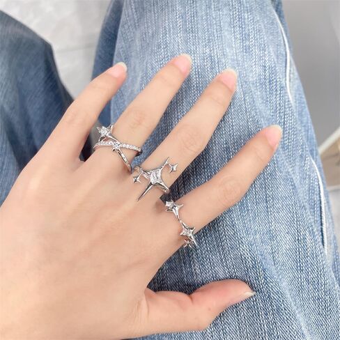 Y2k CZ Star Adjustable Open Stacking Rings for Women Men Vintage Punk Grunge Sparkling Crystal Cross Irregular Statement Stackable Finger Band Knuckle Rings Comfort Fit Fashion Jewelry 3Pcs Set in Saudi Arabia