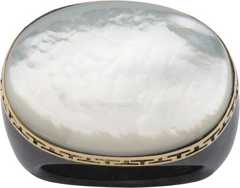 PalmBeach 14K Yellow Gold Oval Shaped Genuine Mother of Pearl and Genuine Charcoal Jade "Greek Key" Ring Sizes 6-10 in Saudi Arabia
