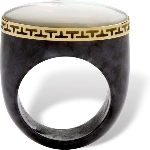 PalmBeach 14K Yellow Gold Oval Shaped Genuine Mother of Pearl and Genuine Charcoal Jade "Greek Key" Ring Sizes 6-10 in Saudi Arabia