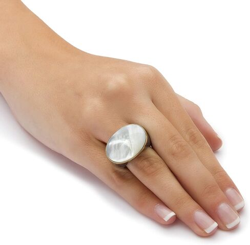 PalmBeach 14K Yellow Gold Oval Shaped Genuine Mother of Pearl and Genuine Charcoal Jade "Greek Key" Ring Sizes 6-10 in Saudi Arabia