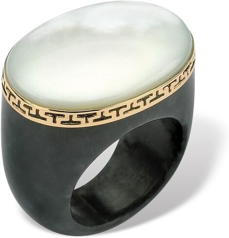 PalmBeach 14K Yellow Gold Oval Shaped Genuine Mother of Pearl and Genuine Charcoal Jade "Greek Key" Ring Sizes 6-10 in Saudi Arabia