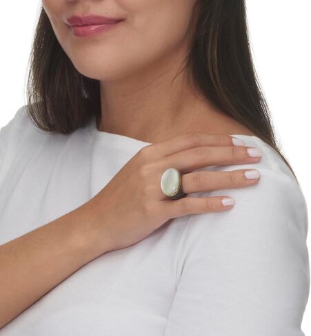 PalmBeach 14K Yellow Gold Oval Shaped Genuine Mother of Pearl and Genuine Charcoal Jade "Greek Key" Ring Sizes 6-10 in Saudi Arabia