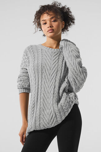 Alo Yoga Cable Knit Crew Neck Sweater - Athletic Heather Grey in Saudi Arabia
